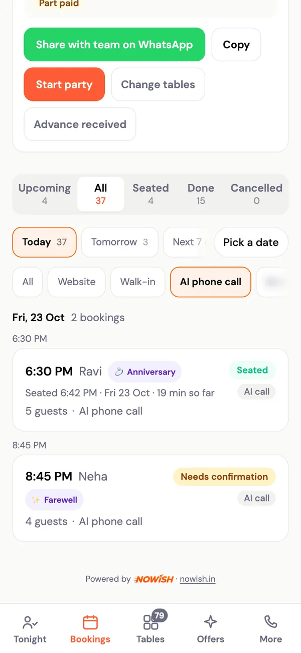 Kiln House's bookings for today, filtered to AI phone calls: Ravi, 5 guests, seated; Neha, 4 guests, a farewell, needs confirmation.