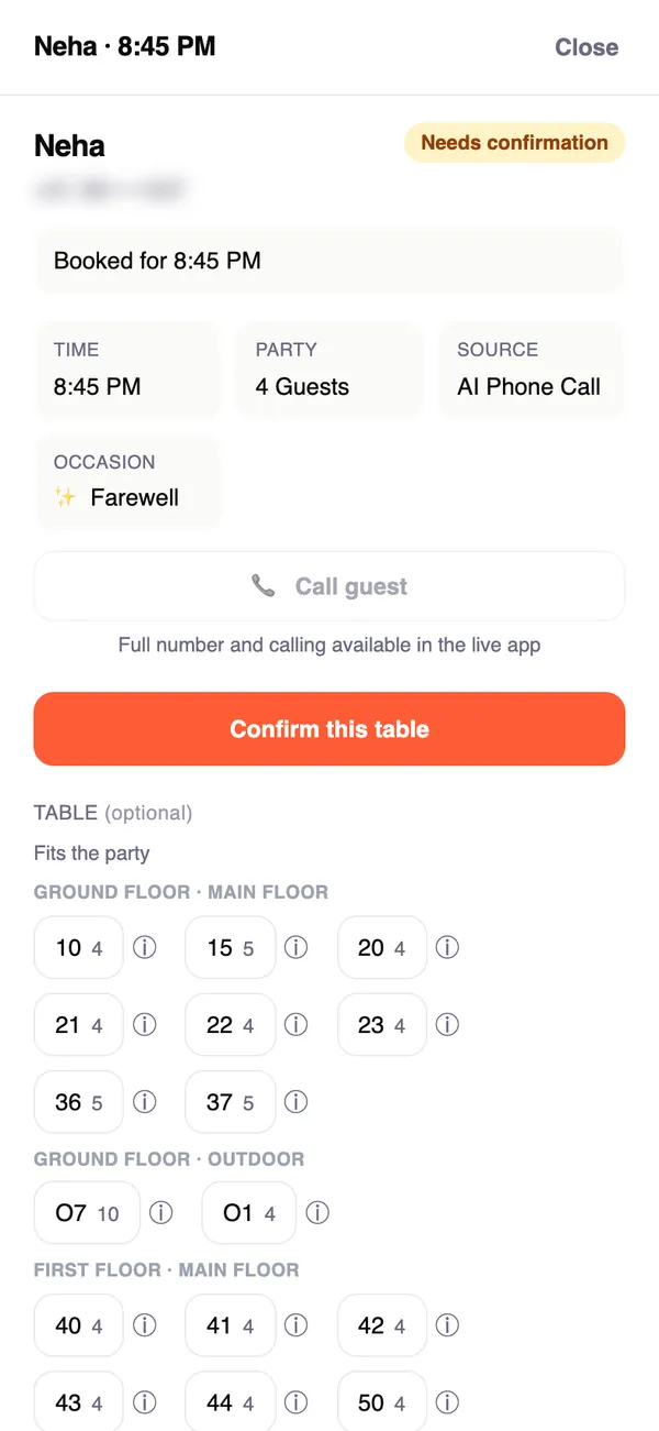 Neha's booking for 8:45 PM, 4 guests, source AI phone call, occasion Farewell, with a Confirm this table button and the tables that fit the party.