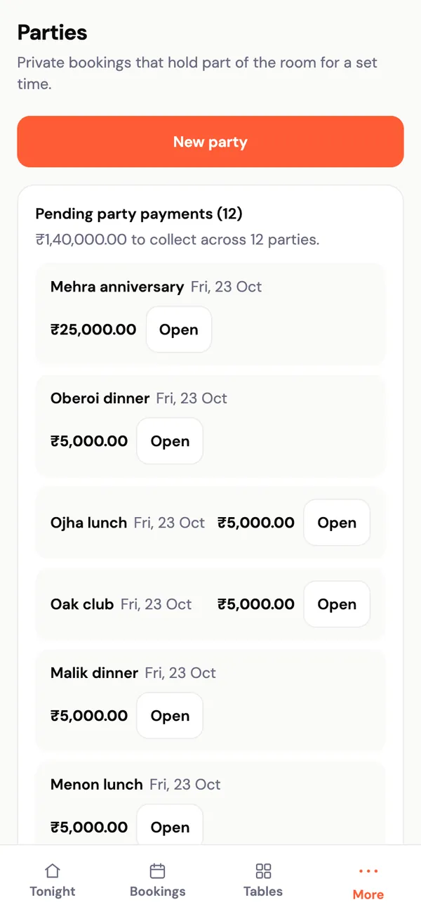 Parties: pending party payments — 12 parties with a balance to collect — and a New party button.