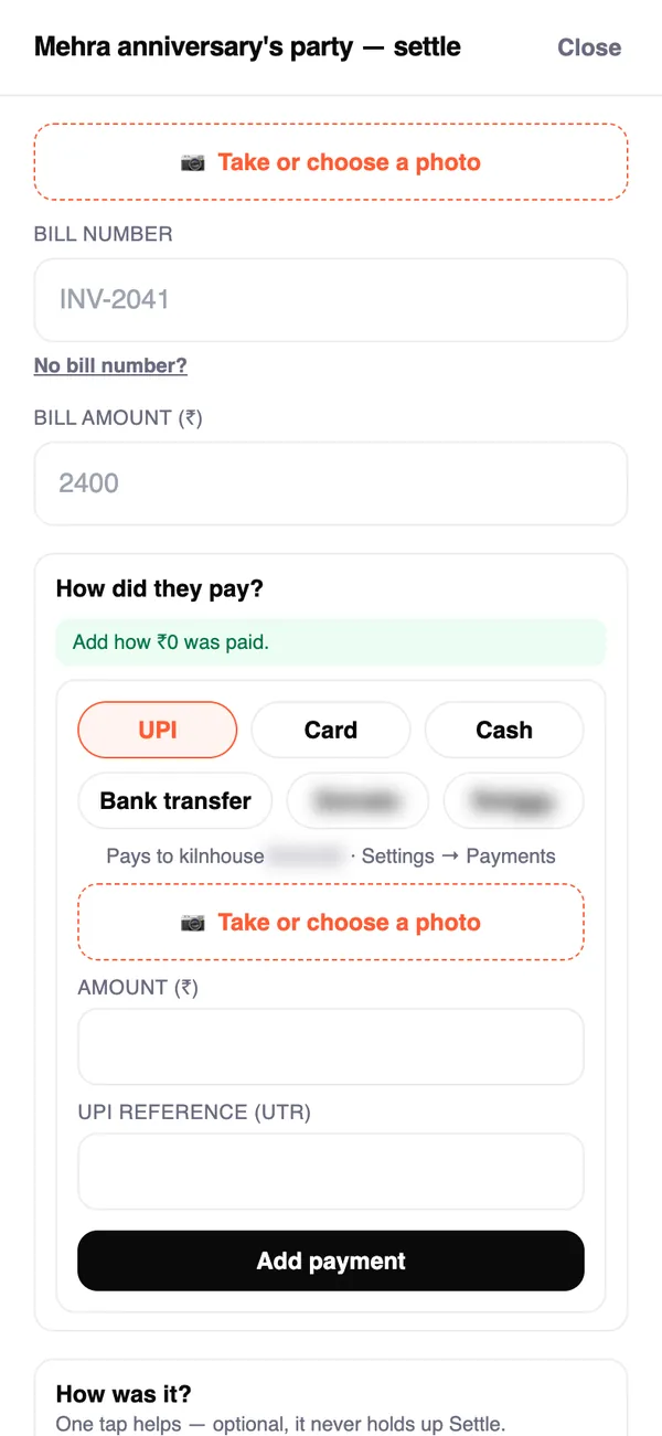 Settling Mehra anniversary's party: a photo of the bill, the bill number and amount, and how they paid — UPI, card, cash or bank transfer.