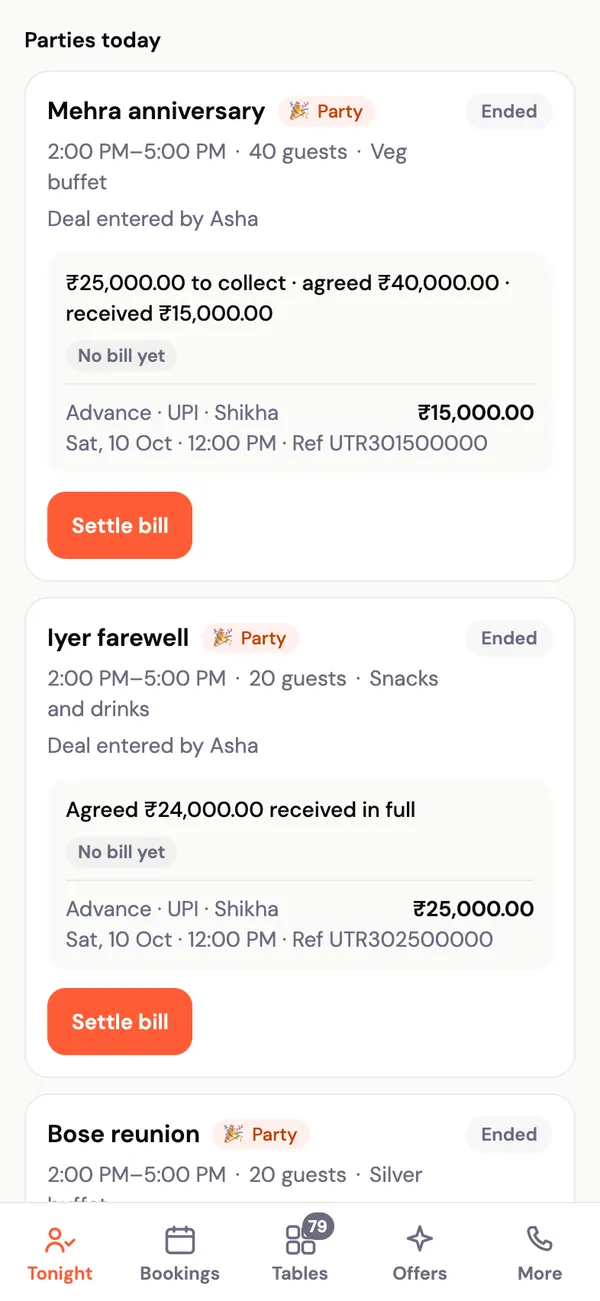 Parties today: Mehra anniversary and Iyer farewell, each with the time, guests, menu, advance received and a Settle bill button.
