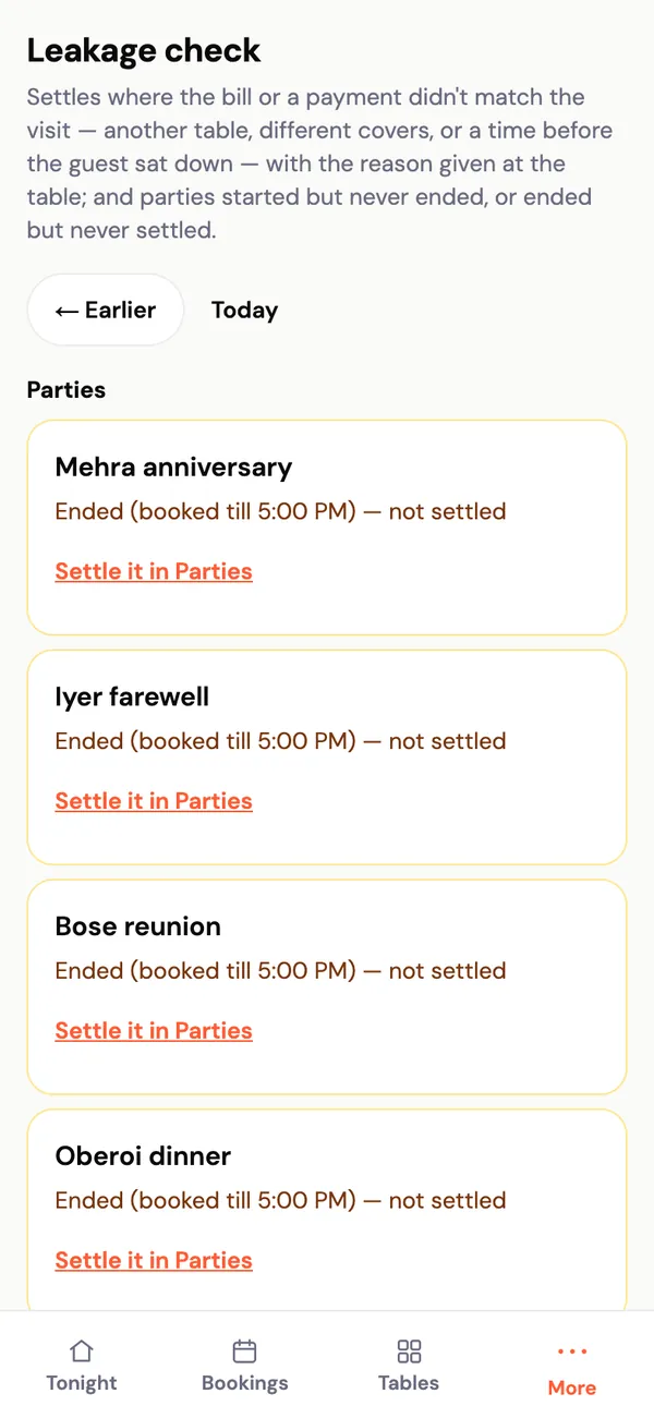 The leakage check: parties that ended but were never settled, each with a link to settle it.