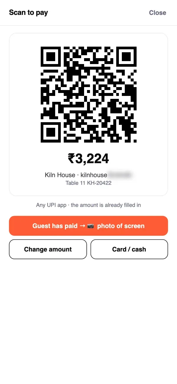 Scan to pay: Kiln House's UPI QR for ₹3,224, table 11, bill KH-20422 — any UPI app, the amount already filled in.