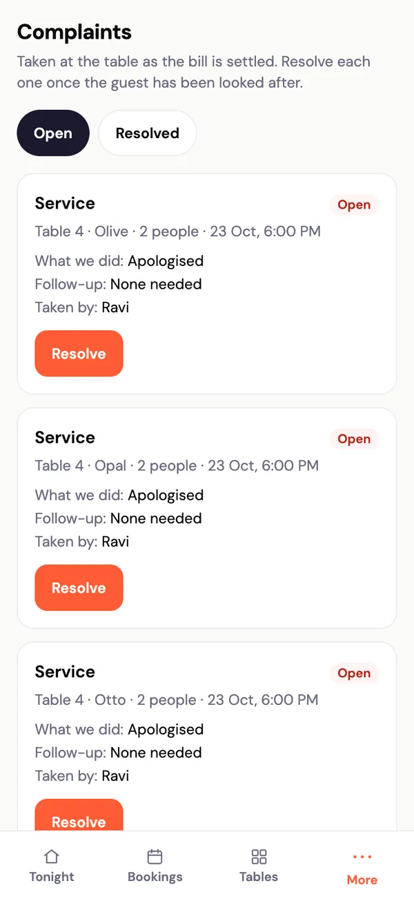 Complaints: each with the table, what was done, the follow-up and who took it, and a Resolve button.