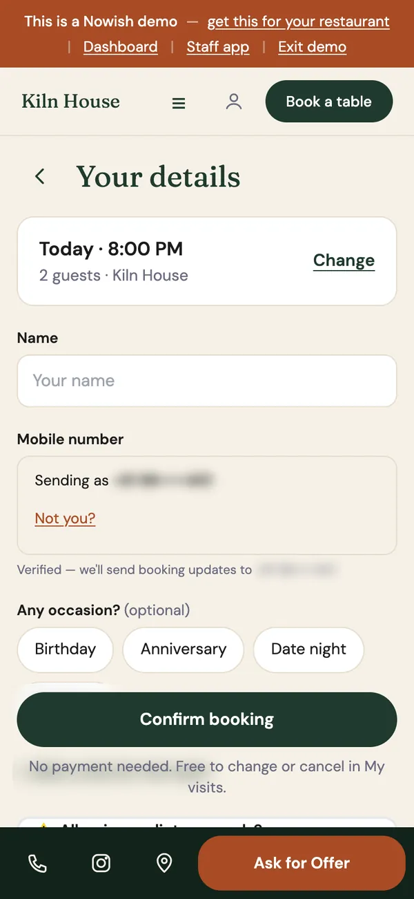 The booking form: today at 8:00 PM for 2 guests, the guest's name and verified mobile number, an optional occasion, and Confirm booking.