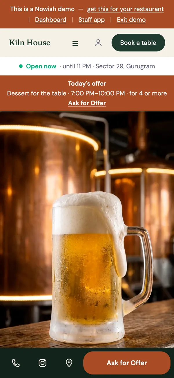 Kiln House's own website on a phone: open now until 11 PM, Sector 29, Gurugram, today's offer, and buttons to book a table and ask for an offer.