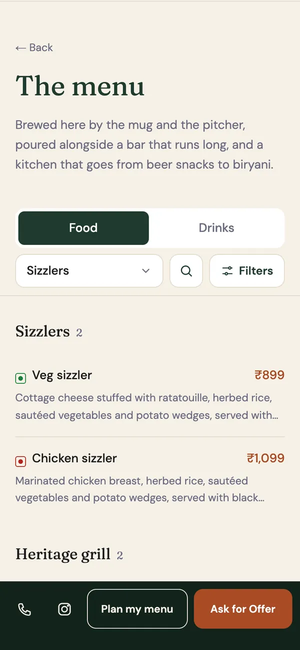 Kiln House's menu: food and drinks, categories, search and filters, veg and non-veg marks.