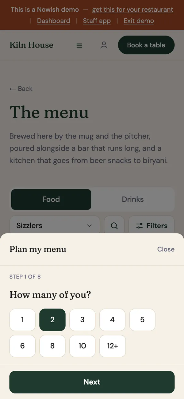 Plan my menu, step 1 of 8: how many of you? — answered with a tap.
