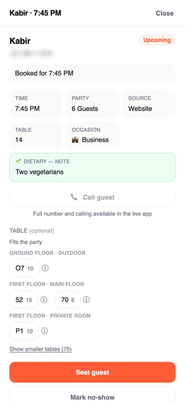 Kabir's booking at 7:45 PM, 6 guests, table 14, a business dinner with two vegetarians, and the tables that fit the party.
