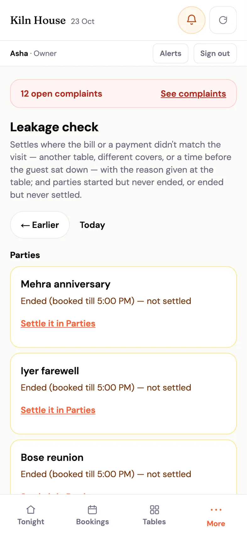The owner's Leakage check screen at Kiln House, listing parties that ended but were never settled, each with a link to settle it in Parties.
