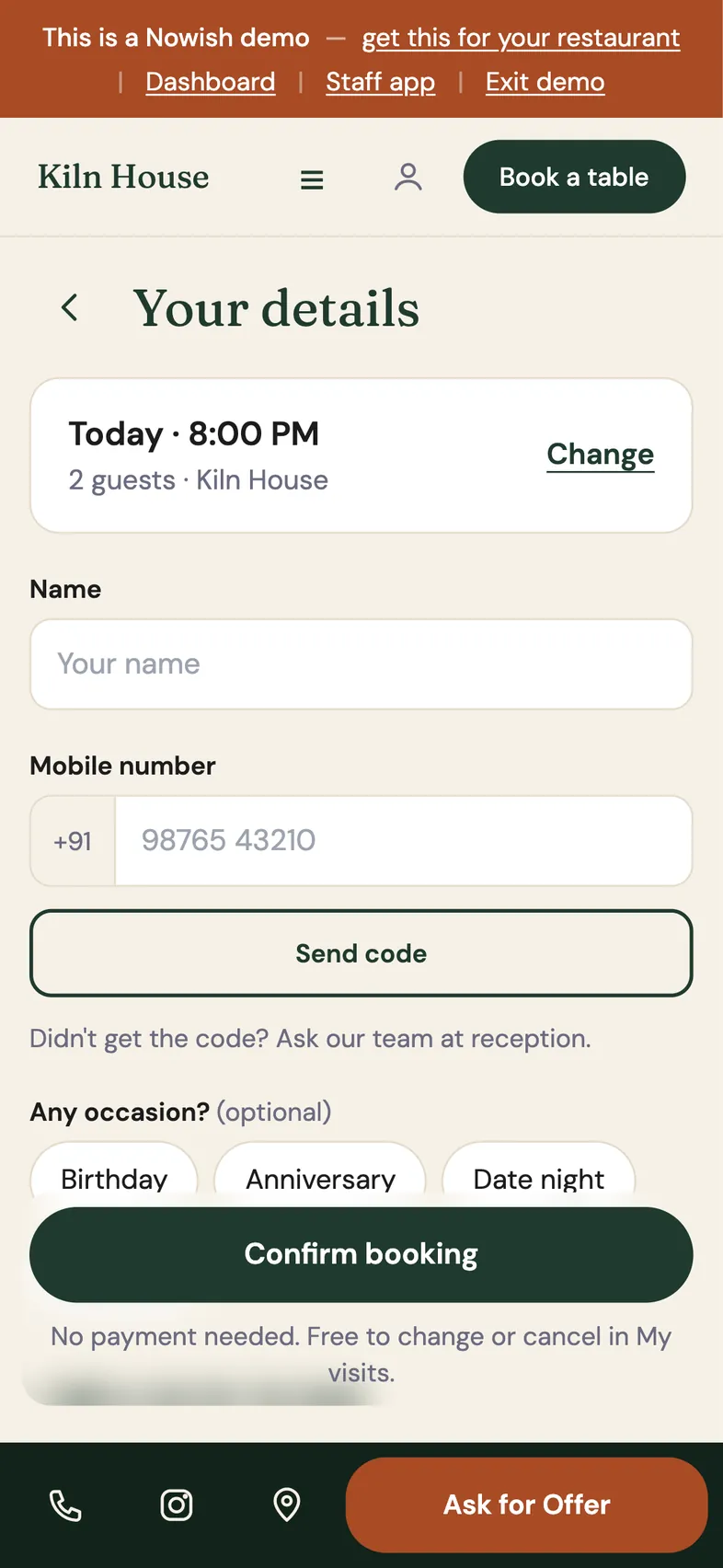 Booking a table on Kiln House's website: today at 8:00 PM for 2 guests, name and mobile number, an optional occasion, and Confirm booking — no payment needed.