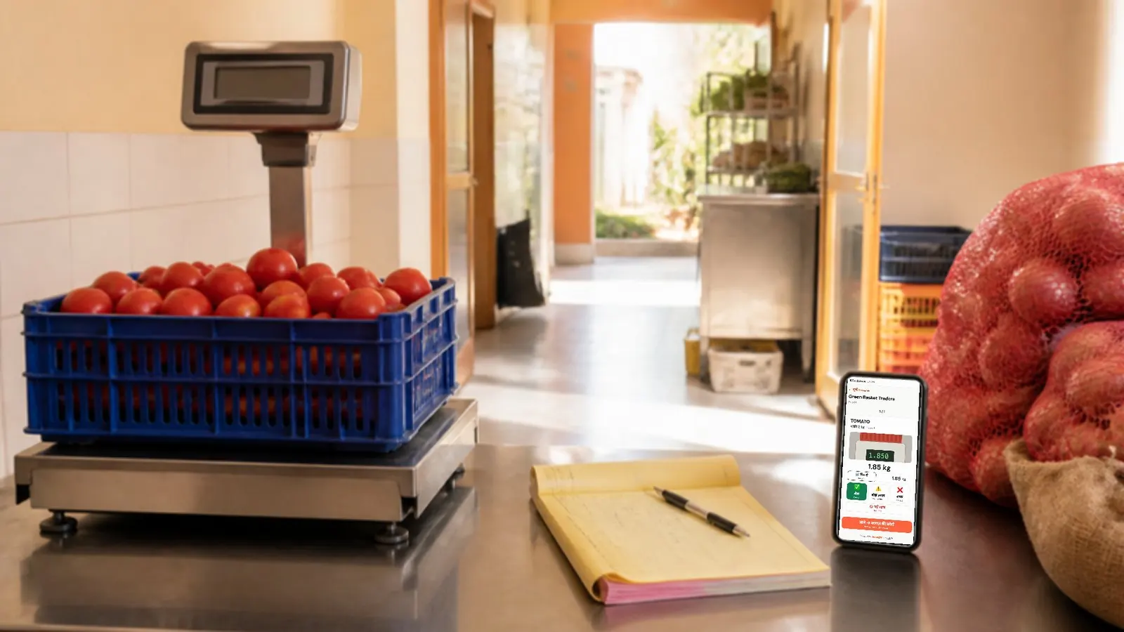 A kitchen store entrance: a crate of tomatoes on a platform scale, a delivery challan pad, and a phone showing Nowish's gate screen with the weight.